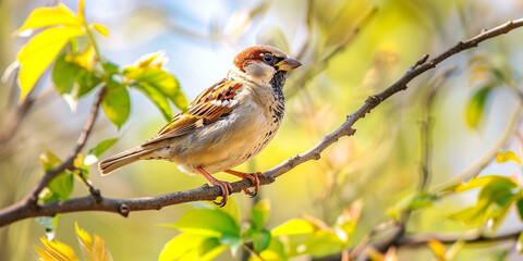 The image shows a bird sitting on a branch in a tree. The bird is small and brown with a red head