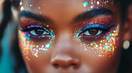 a close-up of a beautiful young woman with shimmering glitter makeup on her face