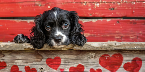 Small Dog with Sad Eyes Peeking from Under Wooden Plank