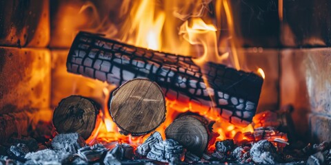 Close up of burning log in fireplace with glowing flames and embers