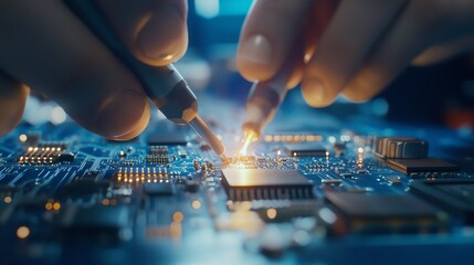 Engineer testing electronic circuit boards with precision tools, electronics quality control, component verification