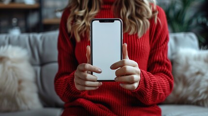 Digital mockup of a middle-aged woman with red overcoat holding an smartphone with an entirely white screen