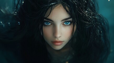 Fototapeta premium a close-up of a beautiful mermaid with blue eyes and black hair, 3d illustration