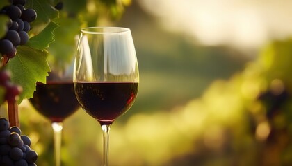 Elegant glasses of red wine sit among lush vineyard grapes, capturing the essence of wine culture and delightful moments at sunset.