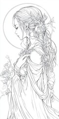 Fototapeta premium Elegant outline of a serene woman adorned with flowers, showcasing grace and beauty in a delicate artistic style.