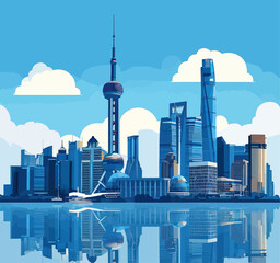 Fototapeta premium Cityscape with futuristic skyscrapers and reflective water