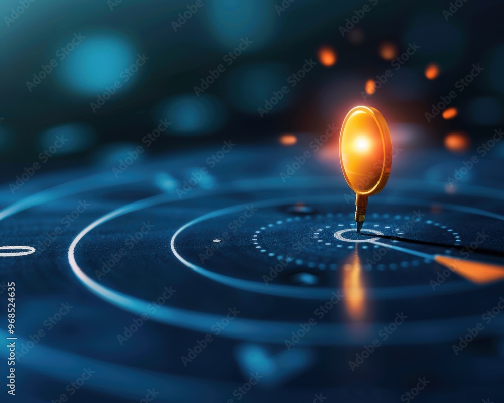 Poster a vibrant digital coin marking its position in a futuristic network, representing technology and fin