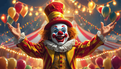 Fototapeta premium Clown with Red Nose and Yellow Coat, Performing at Circus, with Balloons and Lights in Background