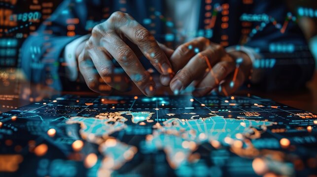 a person interacting with a digital map or touchscreen interface, The background is filled with data points and lines, suggesting a focus on global data analysis, technology, 