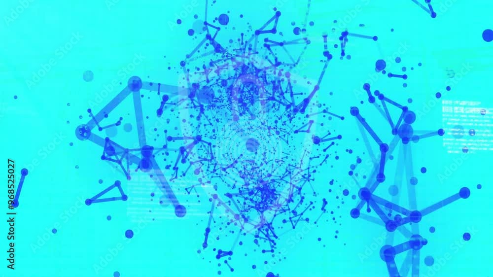 Poster animation of shield with padlock over network of connections and data processing on blue background
