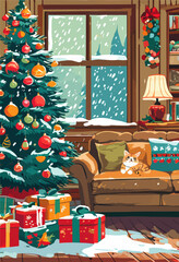 Obraz premium Cozy Christmas Eve: Cat on Couch with Gifts