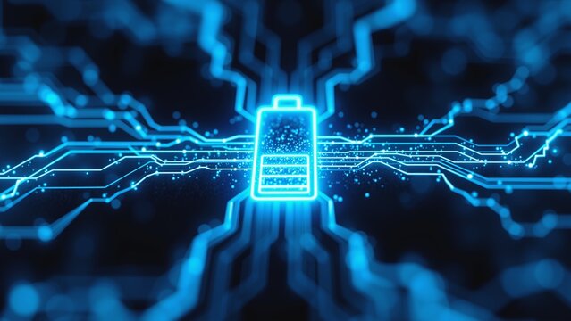Glowing Battery charging - Futuristic Energy Technology, A glowing battery icon radiates power within a network of interconnected blue lines and dots.