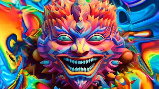 Colorful cartoon DMT entity with exaggerated features and psychedelic patterns, radiating otherworldly energy