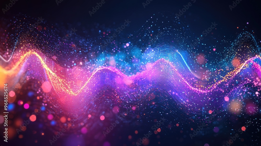 Poster colorful graph displaying business profits, covered by glowing transparent waves and lines, placed o