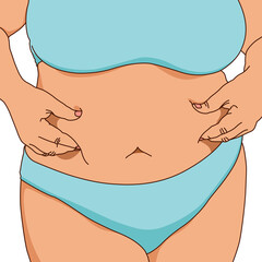 Overweight woman hand holding big belly and fat chubby in bikini, illustration on white background