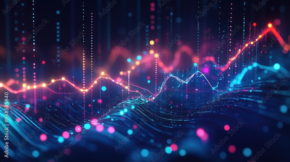 Aufkleber colorful graph showing data trends or business profits, covered by dynamic glowing transparent lines