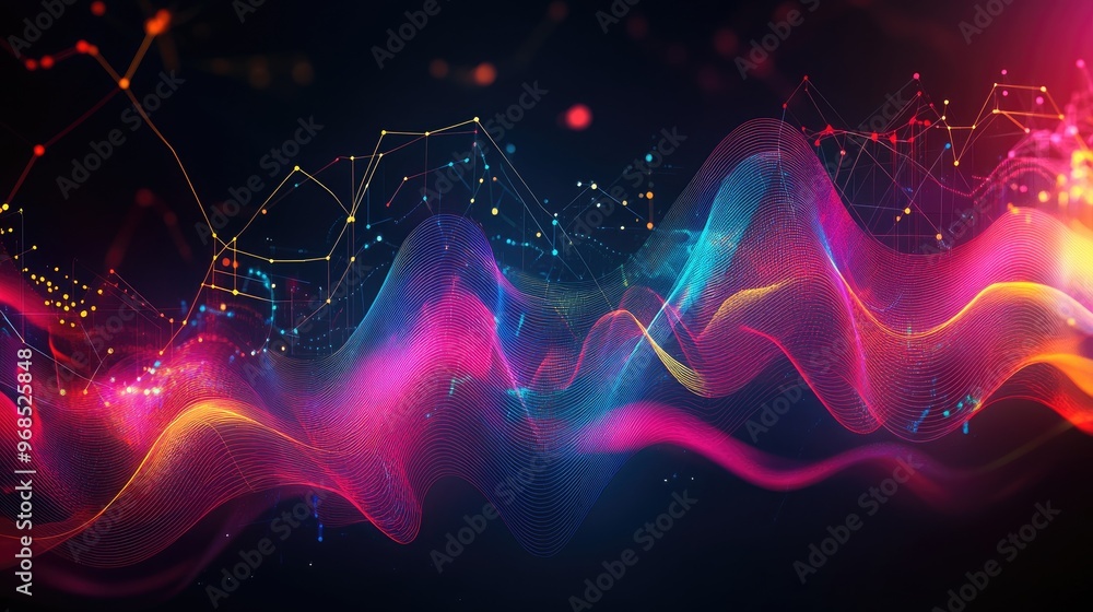 Poster colorful graph showing data trends or business profits, covered by dynamic glowing transparent lines