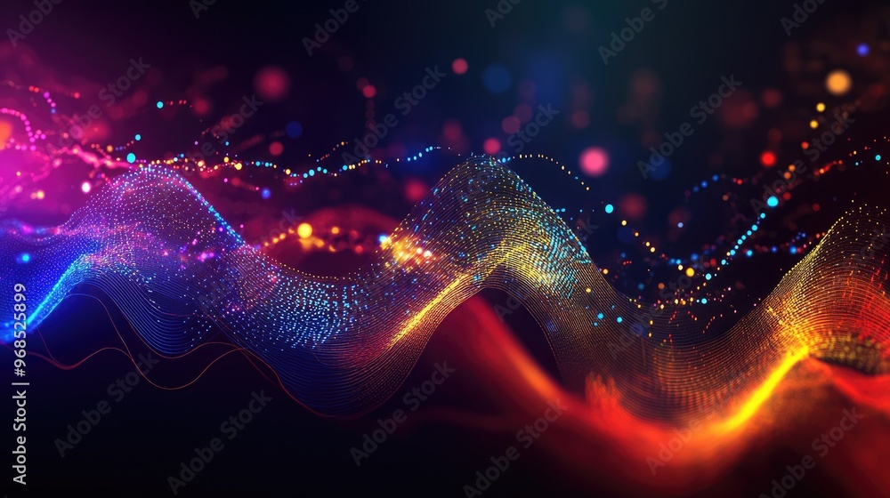 Poster colorful graph showing data trends or business profits, covered by dynamic glowing transparent lines