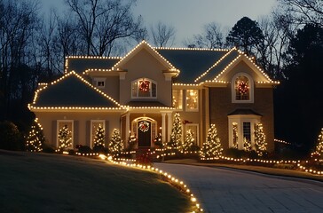 Stylish Christmas lights on the roof of your home, creating an enchanting and festive atmosphere for all to enjoy. A well-lit house with white LED Christmas light decoration