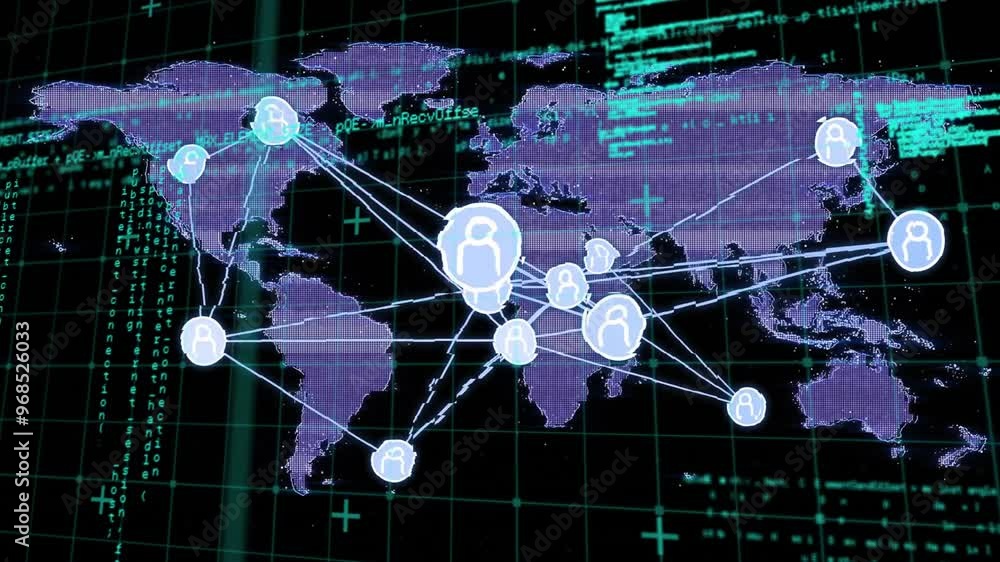 Poster animation of network of connections with world map and data processing on black background