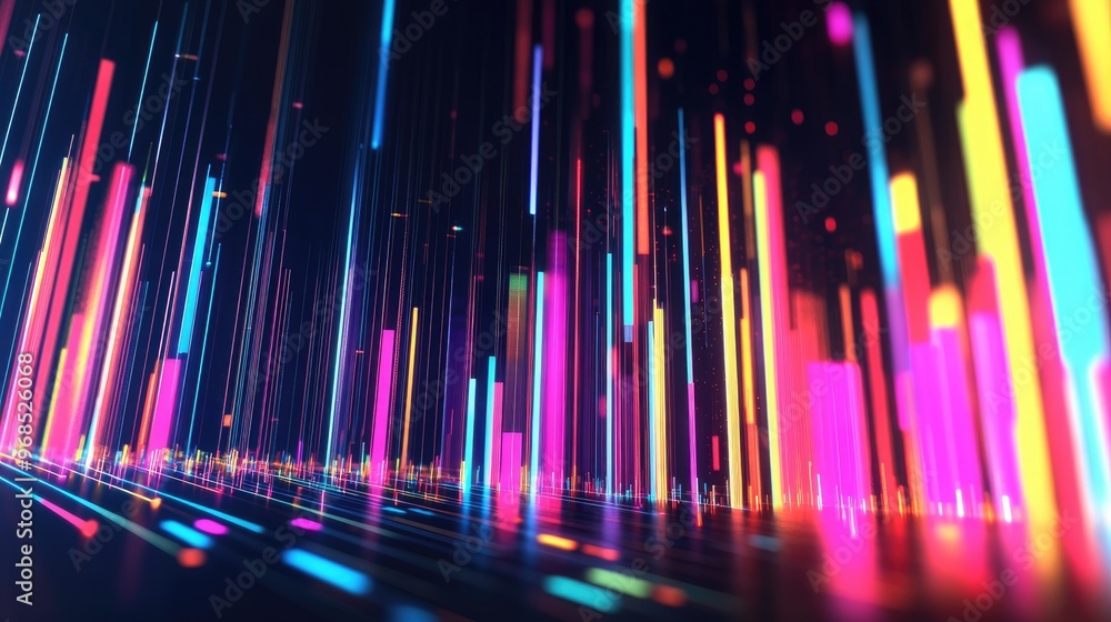 Poster colorful lines and bars showing business profits and trends, displayed on a dark background for dyna