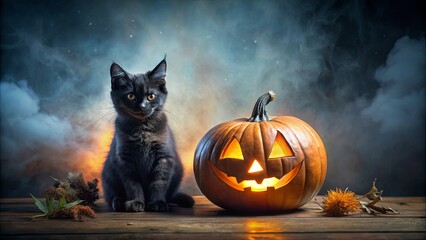 A spooky scene of a haunted pumpkin and mysterious black zombie kitten in a dark, moody Halloween atmosphere