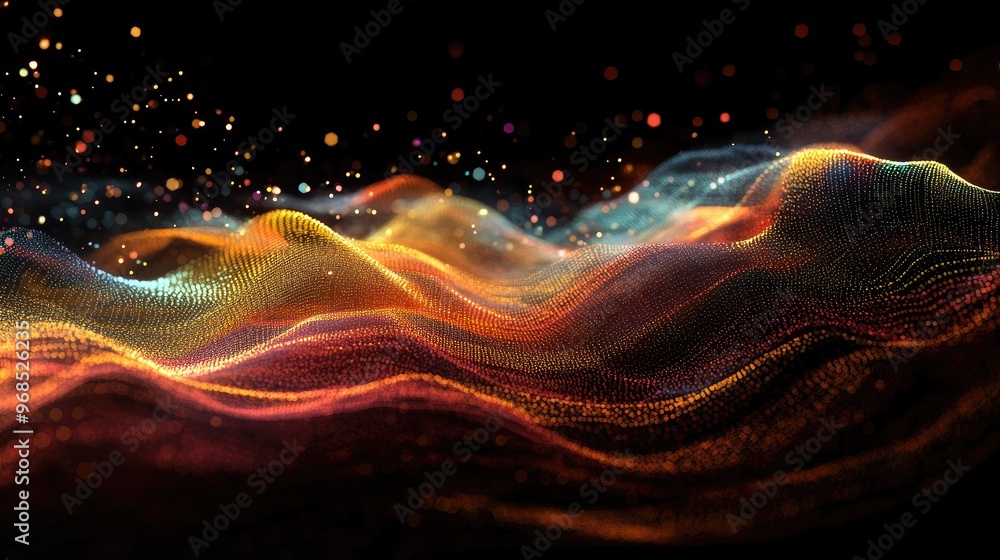 Poster data trends graph with colorful lines and glowing waves, layered on a dark background, creating a dy