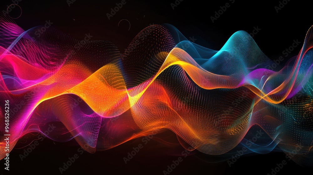 Poster data trends graph with bright colors and dynamic glowing lines, layered with transparent waves, set 