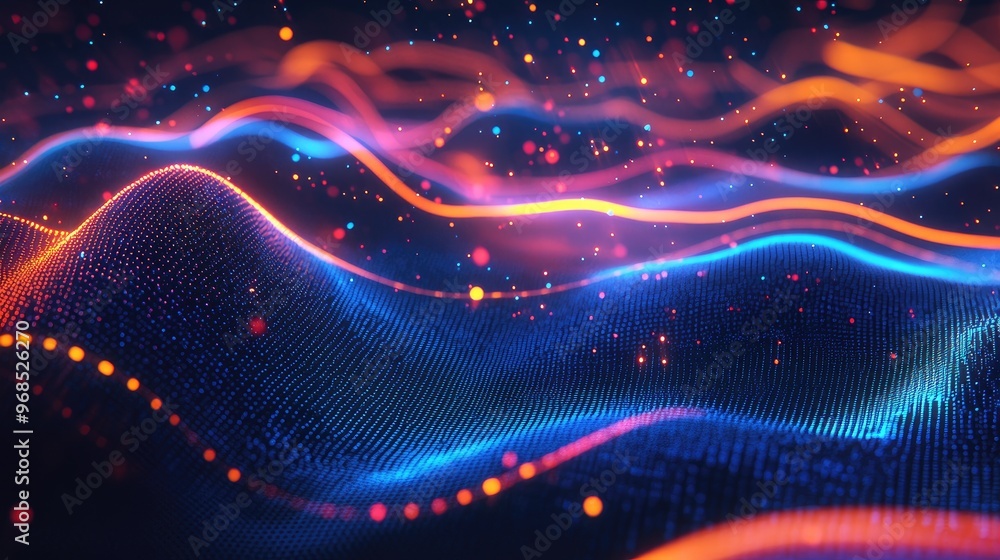 Poster data trends graph with colorful lines and glowing waves, layered on a dark background, creating a dy