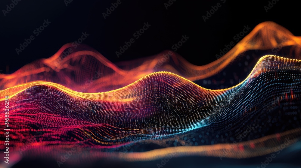 Poster data trends graph with colorful lines and glowing waves, layered on a dark background, creating a dy