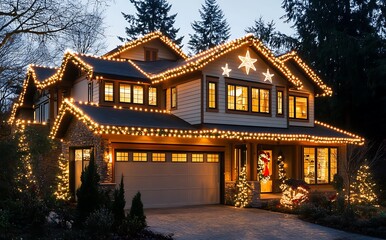 Fototapeta premium Stylish Christmas lights on the roof of your home, creating an enchanting and festive atmosphere for all to enjoy. A well-lit house with white LED Christmas light decoration