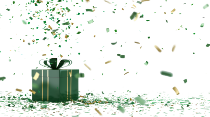Green gift box with confetti on transparent background