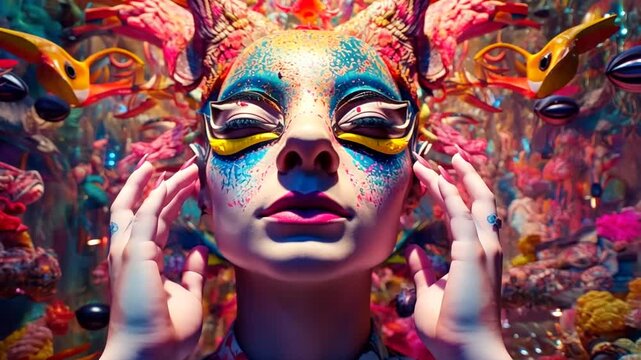 DMT entity from a higher dimension with vivid, otherworldly face paint and intricate cosmic designs