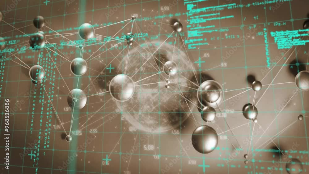 Poster animation of network of connections and data processing over globe on brown background
