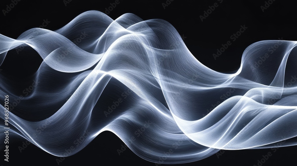 Poster dynamic flowing waves and glowing transparent white lines, set against an ultra-wide background imag
