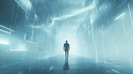 Obraz premium Silhouette of a Man Walking Towards a Bright Light in a Futuristic Corridor