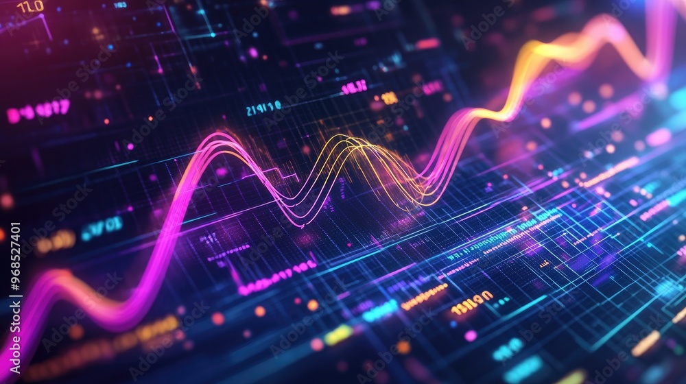 Poster dynamic glowing transparent lines and waves over a colorful graph, showcasing business data trends o