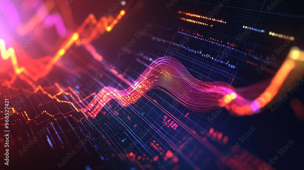 Poster dynamic glowing transparent lines and waves over a colorful graph, showcasing business data trends o