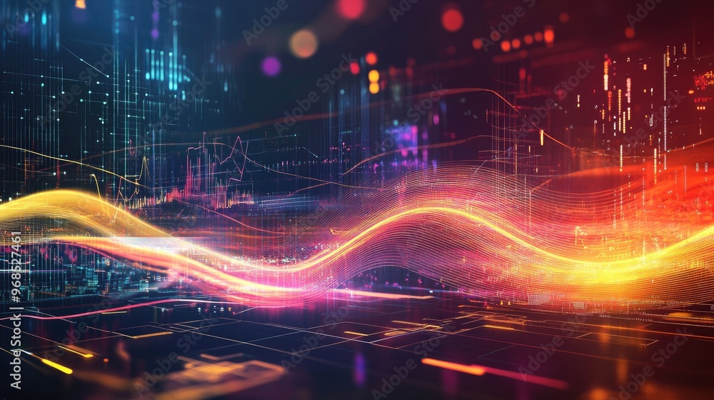 Poster dynamic glowing transparent lines and waves over a colorful graph, showcasing business data trends o