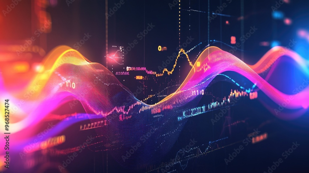 Poster dynamic glowing waves and transparent lines over a colorful graph showing business profits, set on a