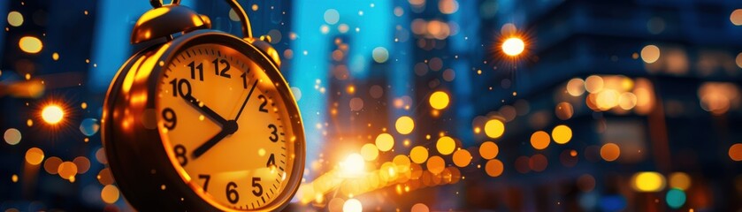 Fototapeta premium A vintage clock stands out amidst a sparkling cityscape, symbolizing the passage of time in a vibrant urban setting.