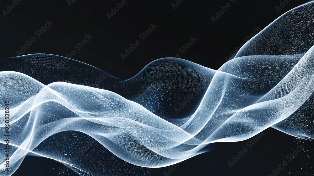 Poster futuristic ultra-wide background with flowing waves and glowing transparent white lines, creating a 