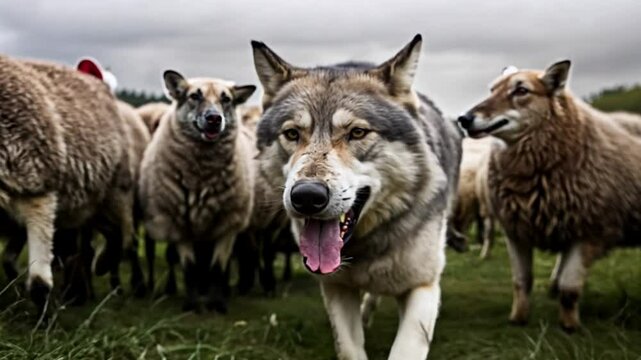Clever wolf concealed in sheep&rsquo;s wool, a metaphor for deception and hidden motives within a group