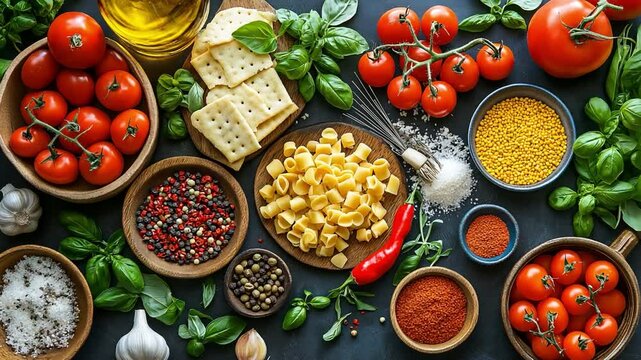 close-up of pasta garnished with fresh tomatoes, basil, and Parmesan cheese. 