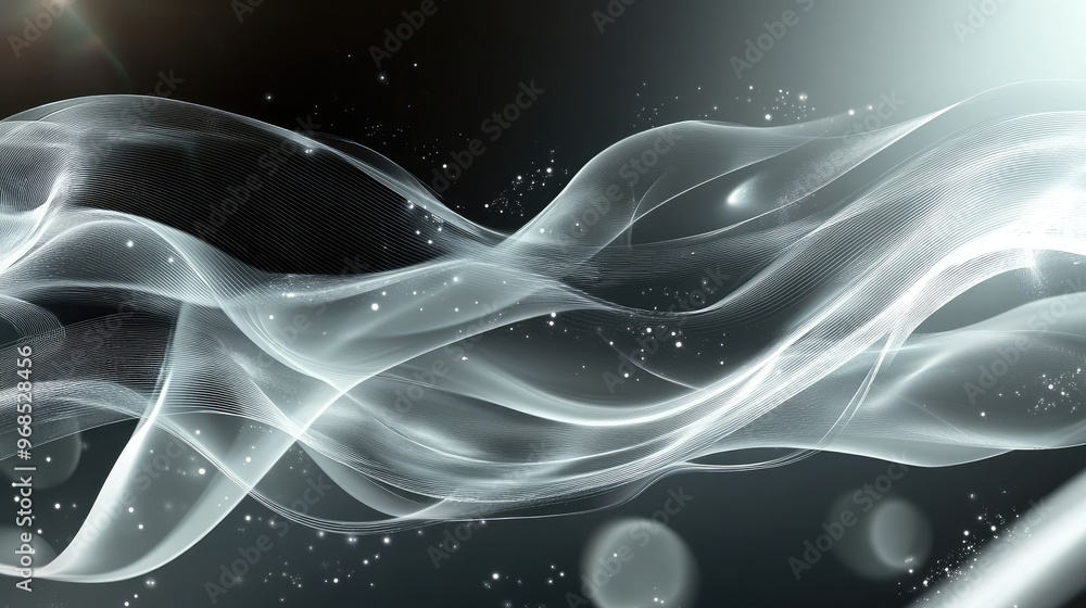 Poster futuristic ultra-wide background with glowing transparent white lines and soft waves, creating a sle