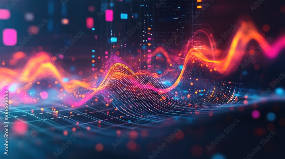 Poster business data graph with colorful trends, overlaid with dynamic glowing waves and transparent lines,