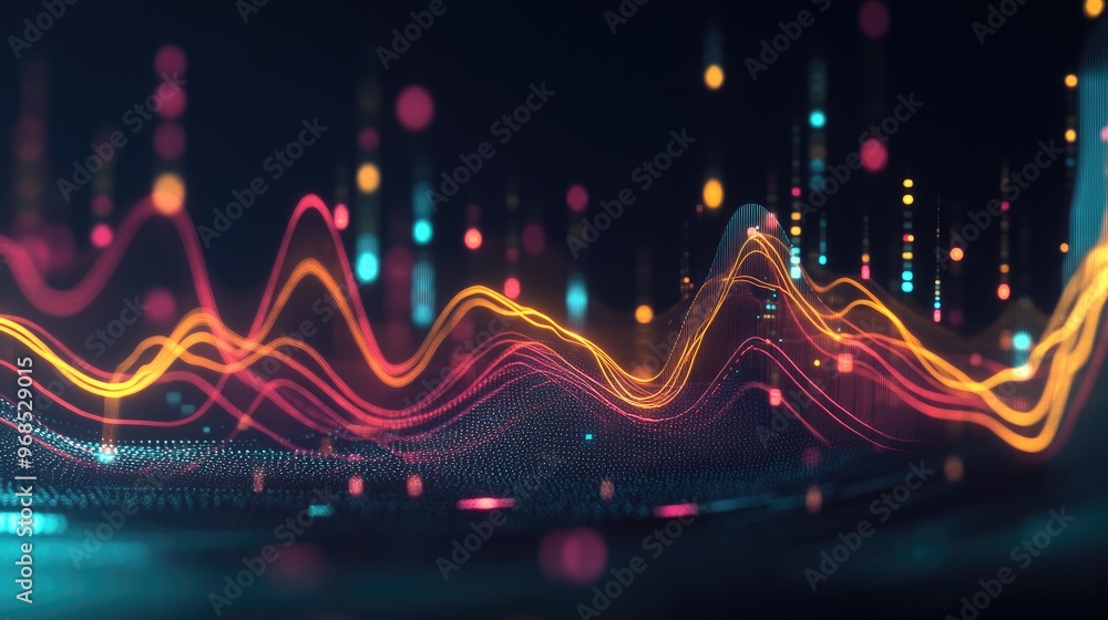 Poster business data graph with colorful trends, overlaid with dynamic glowing waves and transparent lines,