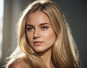 Portrait of young woman with long blonde hair in sunlight
