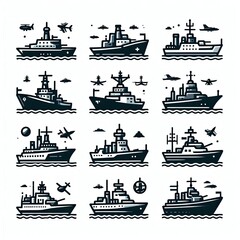 warship icon set.  illustration white background	