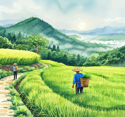 Fototapeta premium Peaceful Countryside Scene with Man Carrying Basket of Grass